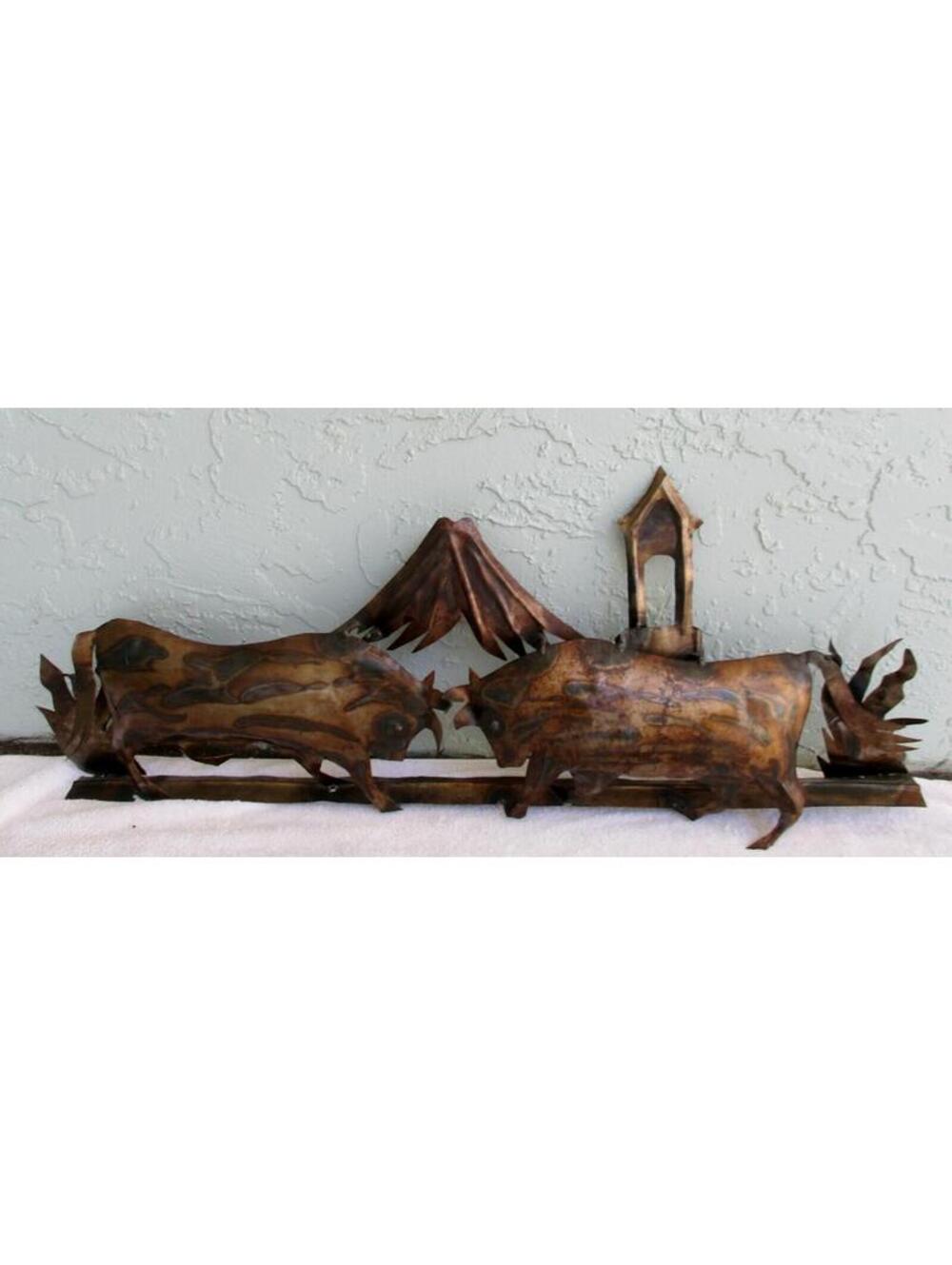Vintage Burnished Brass 33.5" Long Fighting Bulls Wall Sculpture